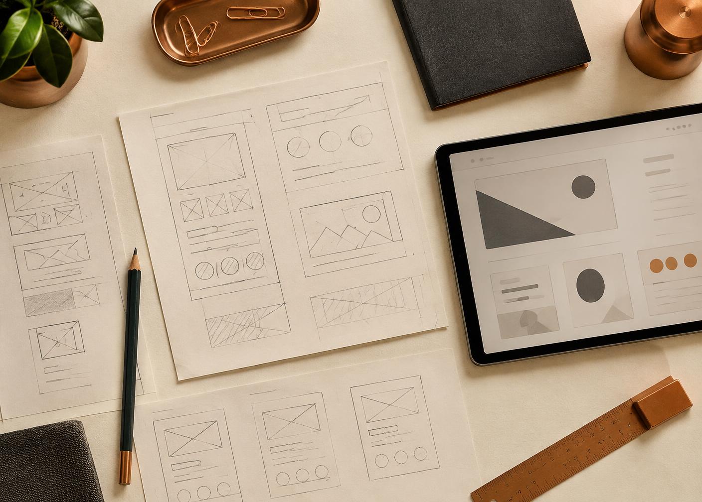 Pencil wireframe sketches on paper next to a tablet showing a simple interface layout