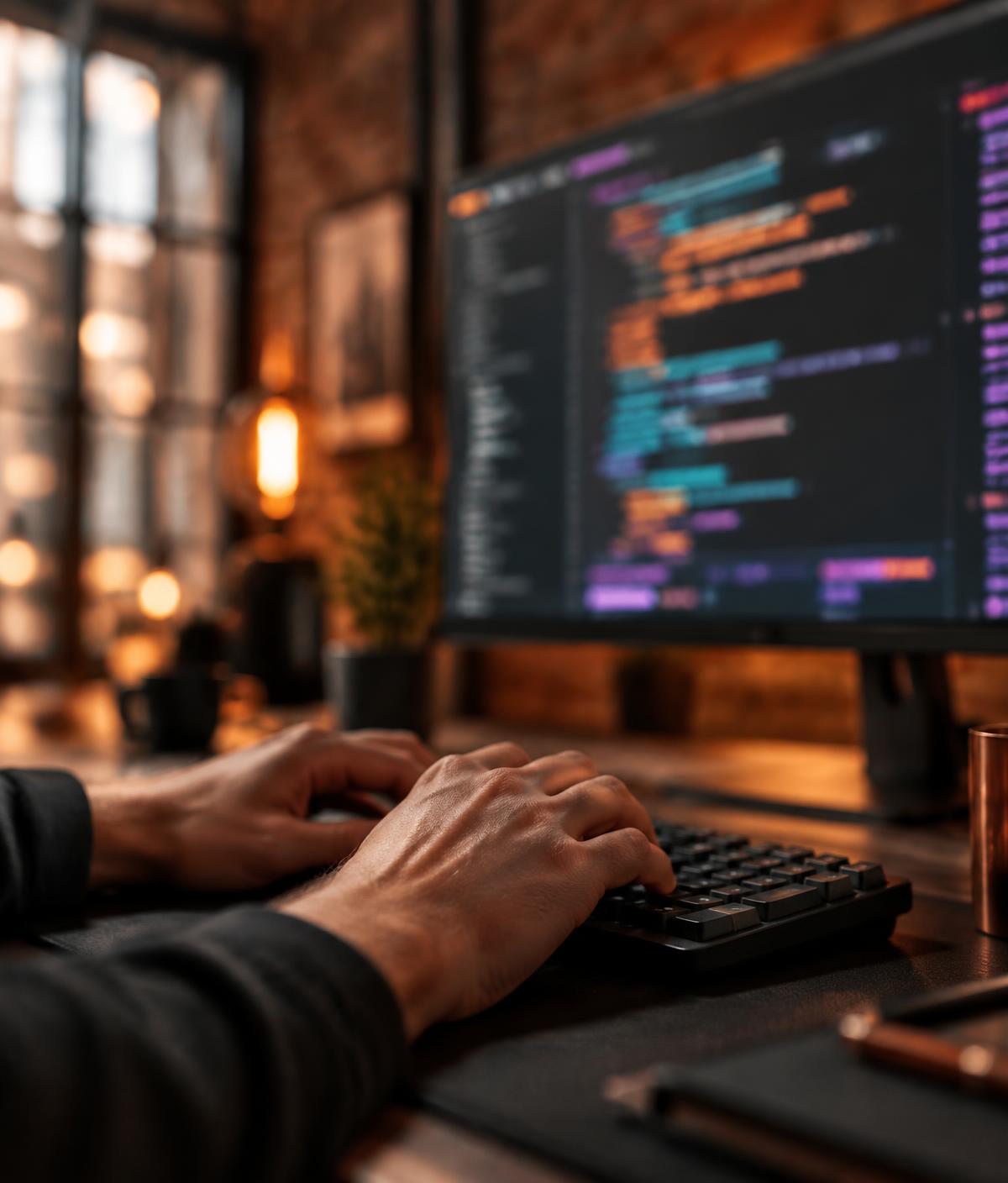 Close-up of a developer's hands typing on a keyboard in front of a monitor showing code